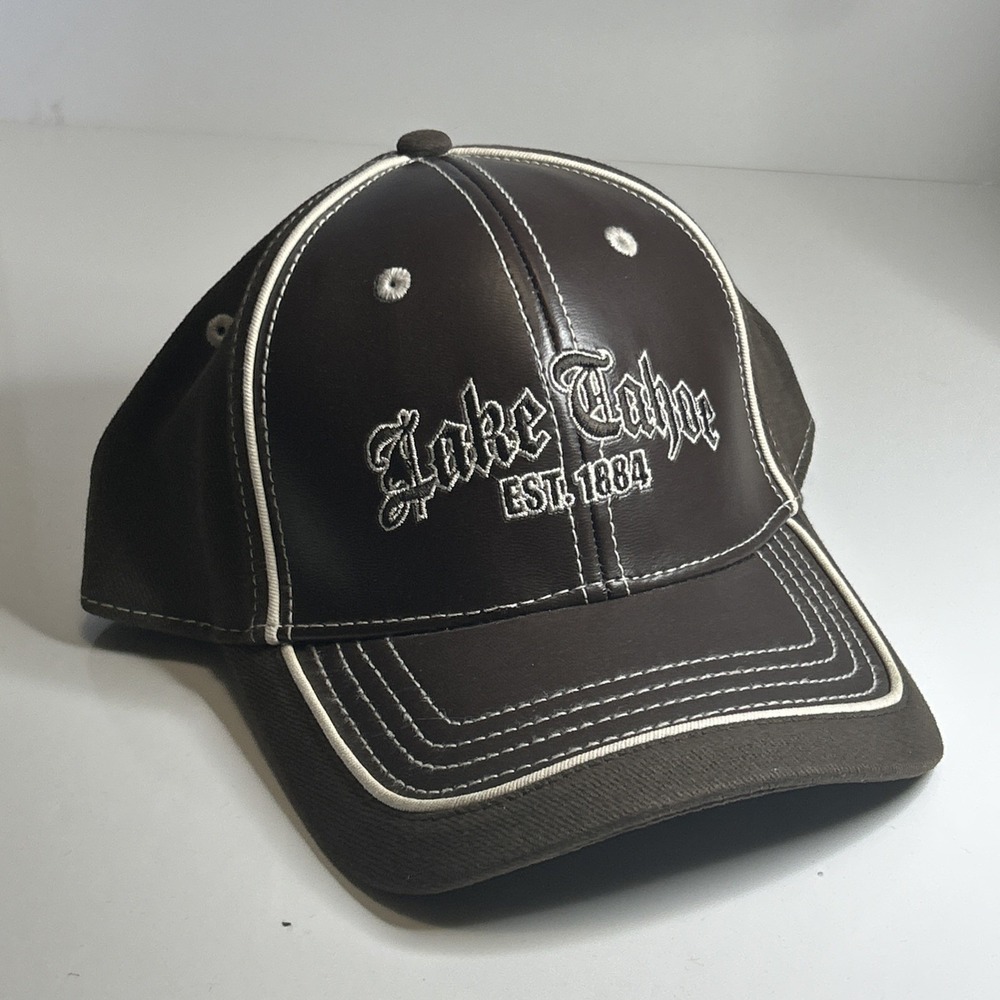 Lake Tahoe Hat Script Spell Out Cap Puff Embroidered Brown Strapback